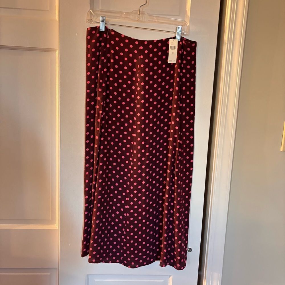 Anthropologie Burgundy Midi Skirt with Pink Polka Dots